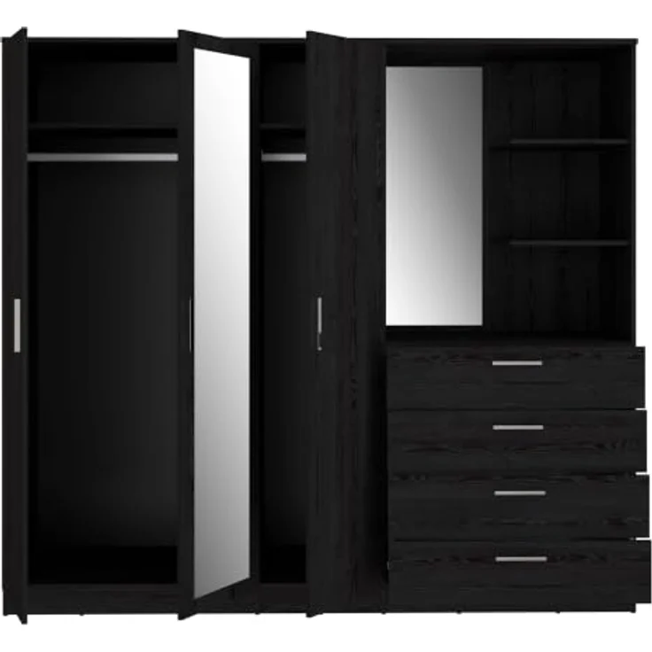 Forte Panama Kleiderschrank 200, moderner Schrank mit Regalkombination, 3-türig, 4 Schubladen, 2 offene Fächer, 2 Spiegel, Cabezone Eiche Holzdekor, 199 cm breit x 181 cm hoch x 52,7 cm tief – Bild 5