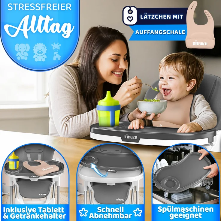 KIDUKU® Hochstuhl Baby 3in1 mit Neugeborenenaufsatz + Lätzchen, Spielbogen & Tisch | Kinderhochstuhl klappbar mit Liegefunktion | Kombihochstuhl höhenverstellbar | Babystuhl mitwachsend 0-36 Monate – Bild 4