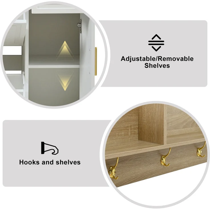 CHICFURN Schrank 139,5x166x35 cm als 4-tlg. Garderoben-Set mit Schuhschrank und Sitzbank Natur+Weiß – Bild 4