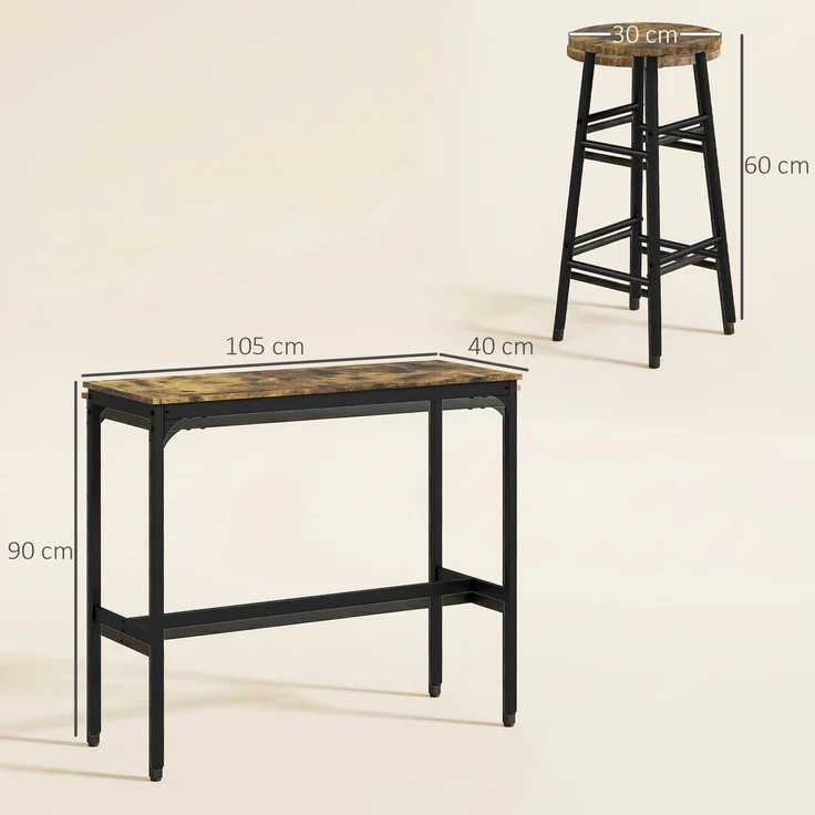 MELAYR, Bartisch mit 2 Stühlen im Industriedesign 2er-Set Barhocker mit Tisch, 105 x 40 x 90 cm, Rustikal-Braun – Bild 5