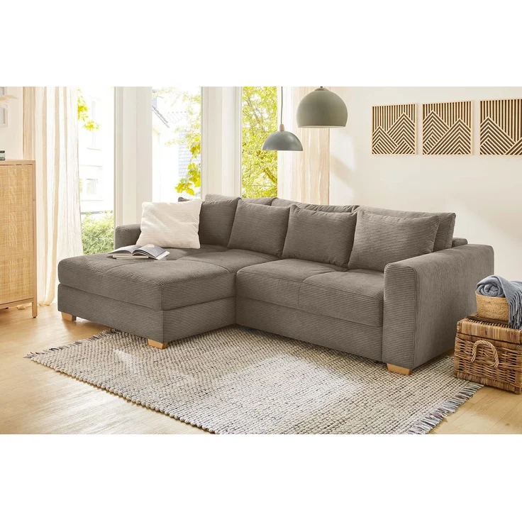 Ecksofa-Dauerschläfer Federkern Couch seitenverkehrt Bettkasten Cord Braun Taupe – Bild 5