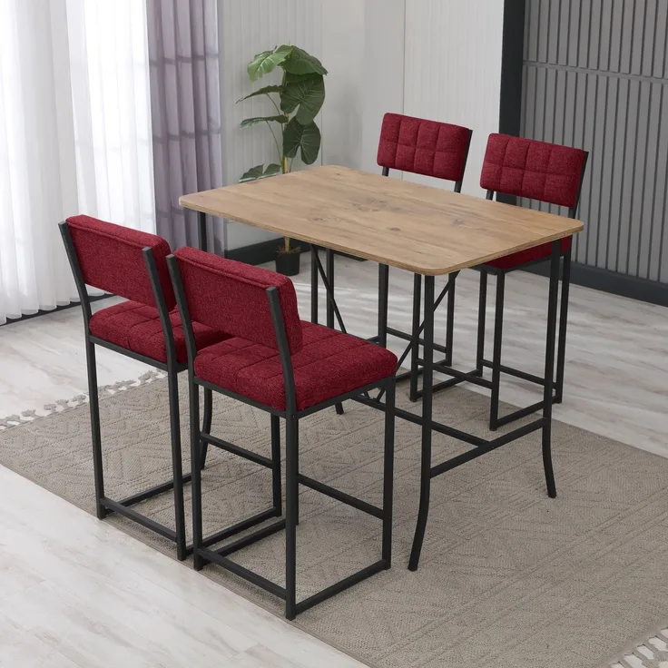 Skye Decor 'Retro - Burgundy, Walnut' Bartisch-Set mit Barhockern (5-teilig), Bordeaux / Walnuss, 110 x 92 x 70 cm