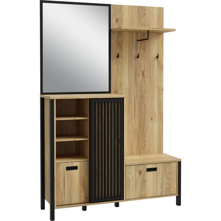 Forte JYTANA Garderobe 130, skandinavische Garderobe mit Spiegel, Kleiderstange und Aufbewahrung, Holzwerkstoff, Mauvella Eiche Holzdekor / Schwarz, 132 cm breit x 200,3 cm hoch x 40,2 cm tief – Bild 3