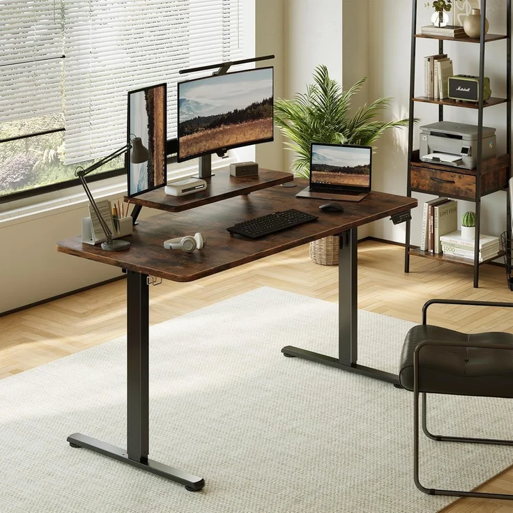 Sweetcrispy Höhenverstellbarer Schreibtisch mit Monitorständer, 160x60 cm Schreibtisch Höhenverstellbar Elektrisch, Ergonomischer Steh-Sitz Tisch, Computertisch Standing Desk, Vintagebraun – Bild 2