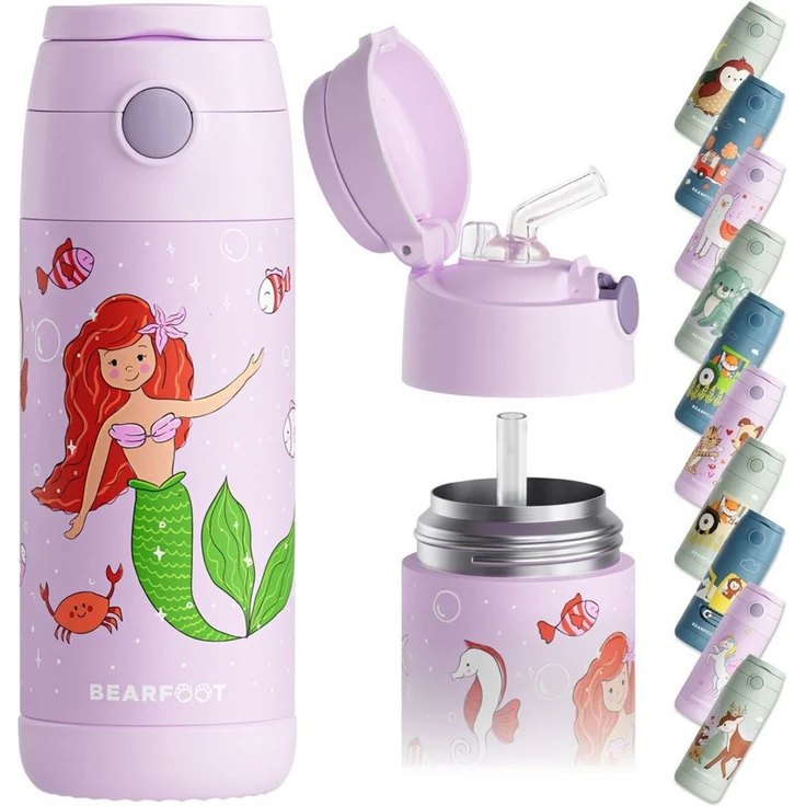 BEARFOOT Trinkflasche Thermo Kinder Trinkflasche Edelstahl - Meerjungfrau lila, Thermosflasche, auslaufsicher, Edelstahl, Kinderflasche, BPA-frei – Bild 1