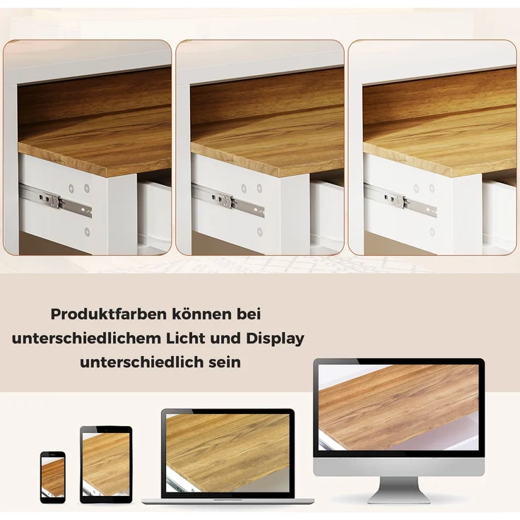 Schreibtisch ausziehbar mit 2 Schubladen, Rollenbremse und Schutzkante, Eiche-Optik/Weiß,87x100x40 cm – Bild 6