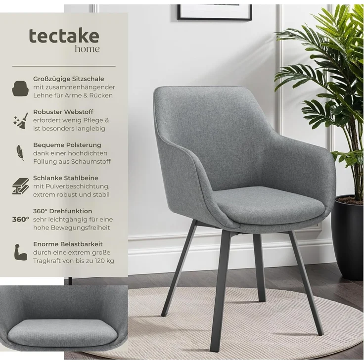 tectake Esszimmerstuhl Drehbarer Armlehnstuhl (4er Set, 4 St), gepolstert – Bild 3