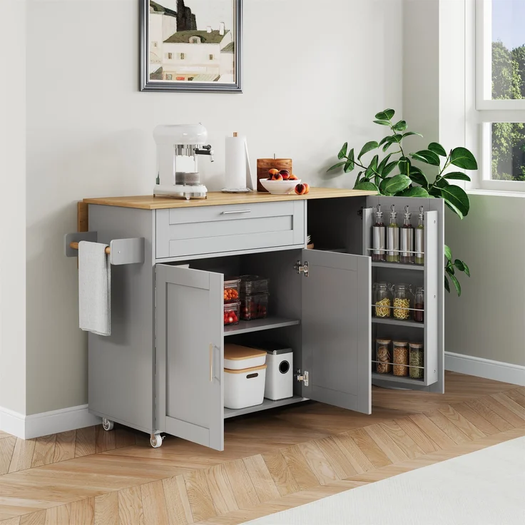 Küchenwagen mit klappbarer Platte 132,5 x 44/70 x 90 cm, MDF in Eiche-Optik/Grau, mit Schublade – Bild 7