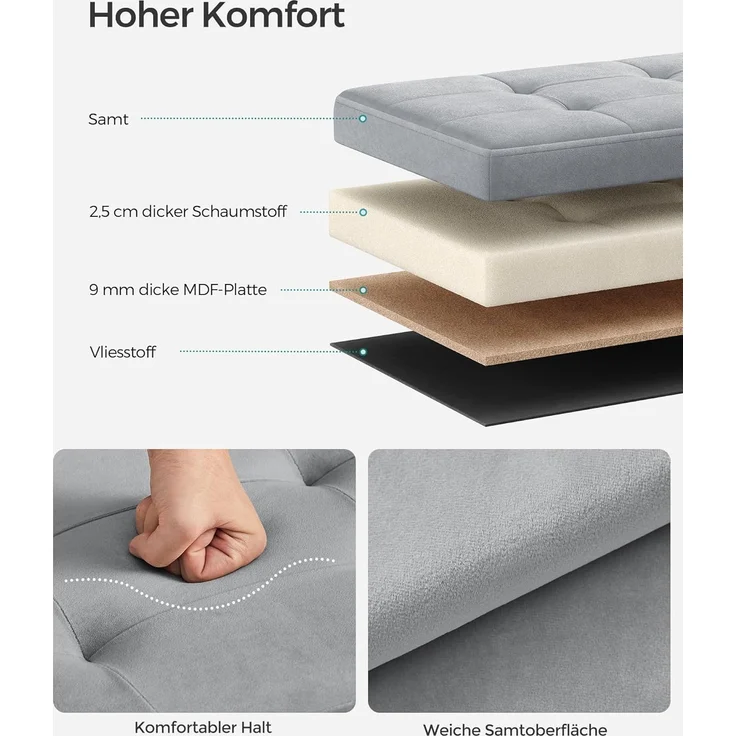 Songmics Sitztruhe mit Stauraum, Samt taubengrau, 38 x 38 x 76 cm – Bild 5