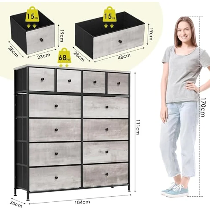 Clevich Stoff-Kommode, Schminktisch Schrank, Aufbewahrungsschrank, 12 Schubladen aus Stoff, Metallrahmen, industrieller Stil, für Wohnzimmer, Flur, Schlafzimmer (Grau) – Bild 4