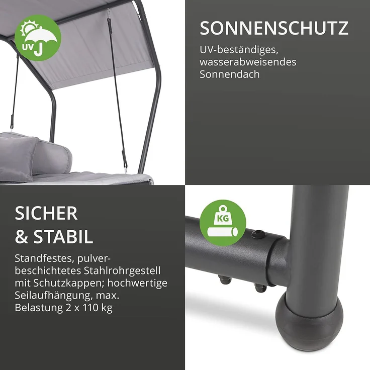 Leco 'Laureen' Hollywoodschaukel mit Polsterauflagen, Kissen & Sonnendach, grau, 264 x 185 x 195 cm – Bild 6