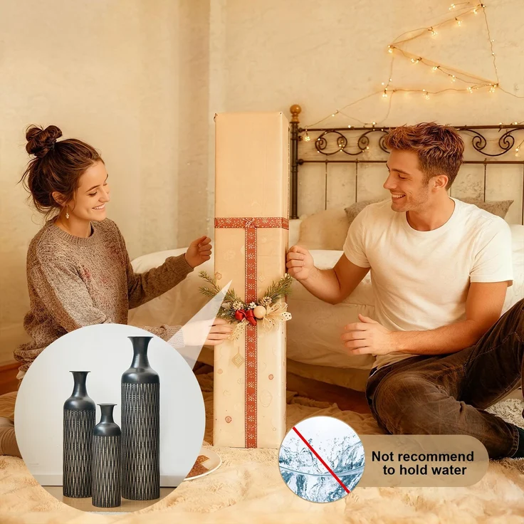 LVHOM 3er Set Bodenvase, Große Vasen aus Metall mit Rillenmuster, Dekovase für Trockenblumen, Höhen 50/66/83 cm, Vasen Set für Wohnzimmer, Flur und Büro, Schwarz – Bild 7