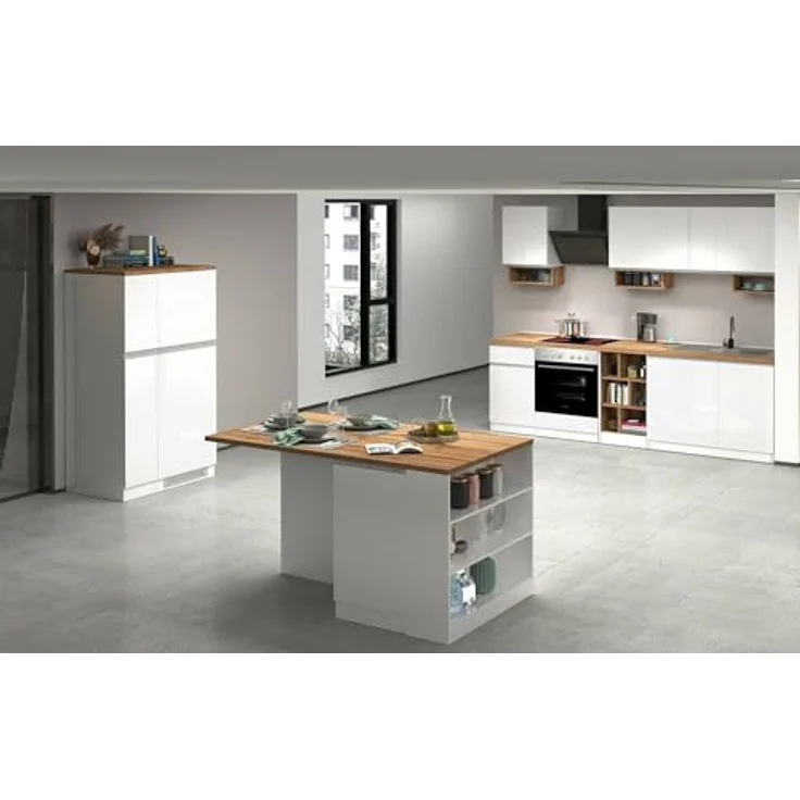 Dmora - Kücheninsel Osvaldo, Mehrzweckschrank, Küchenzeile Schrank, Zusätzlicher Tisch, 100% Made in Italy, 160 x 90 x 90 cm, glänzendes Weiß und Eiche – Bild 5