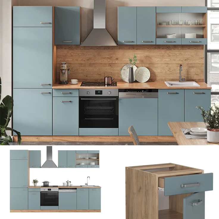 Küchenzeile R-Line Blau-Grau/Goldkraft Eiche 300 cm , AP Eiche Vicco – Bild 2