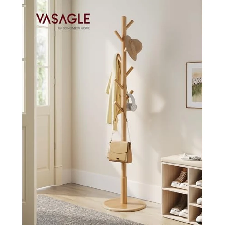 VASAGLE Garderobenständer, Kleiderständer Massivholz, Jackenständer Baumform, 8 Haken für Jacken, Hüte, für Flur, Haken und Haltestange aus Kautschukholz, naturfarben RCR009YK01 – Bild 3