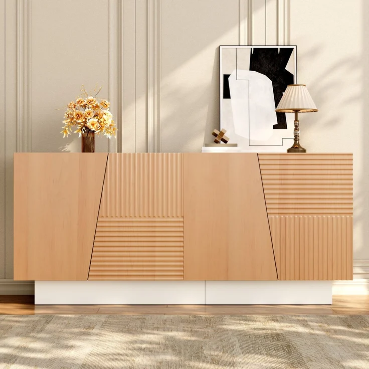 Sideboard aus MDF und PB mit 4 Türen, Rillenstruktur und höhenverstellbaren Einlegeböden, 160x40,5x72 cm, Natur/Weiß – Bild 4