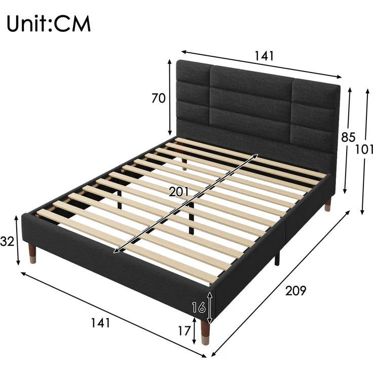 Polsterbett 140x200 cm Doppelbett mit Lattenrost und Kopfteil, Leinenbezug in Schwarz, für Erwachsene & Jugendliche – Bild 10