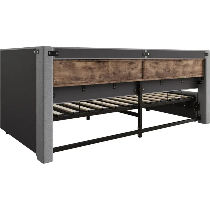Polsterbett mit LED-Streifen, Lattenrost, Regal, Aufbewahrung, Type-C und USB, gepolsterter Kopfteil, 90x200 cm, Schlafsofa, Tagesbett, Leinen – Bild 8