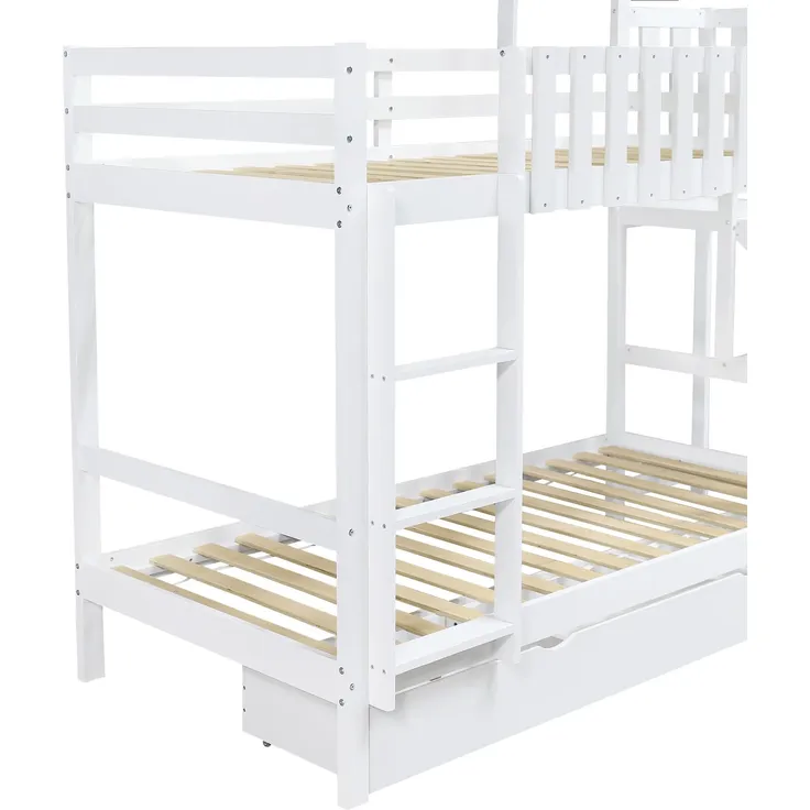 Etagenbett mit 2 Schlafgelegenheiten und Lattenrost, 90x200 cm, Kinderbett mit Rutsche, Schubladen und Rausfallschutz, Spielbett, Kiefer – Bild 7