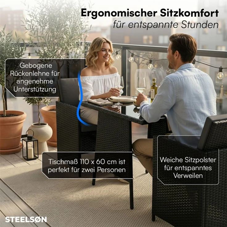STEELSØN 'Xenara' Polyrattan 3-tlg. Gartenmöbel Set, Sitzgruppe aus 2 Stühlen und Tisch mit Glasplatte, zusammenklappbar, schwarz/anthrazit, wetterfest – Bild 8