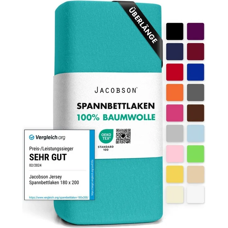 Jacobson Jersey Spannbettlaken Spannbetttuch Baumwolle Bettlaken (140x200-160x220 cm, Türkis) – Bild 1