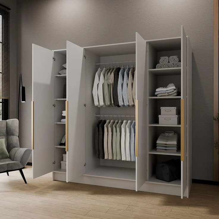 MEBLINI Kleiderschrank LUSINDA 200cm - Weiß Matt - mit goldfarbenen Griffen - Drehtürenschrank mit zwei Spiegeln - Kleiderstangen und Regalböden – Bild 3