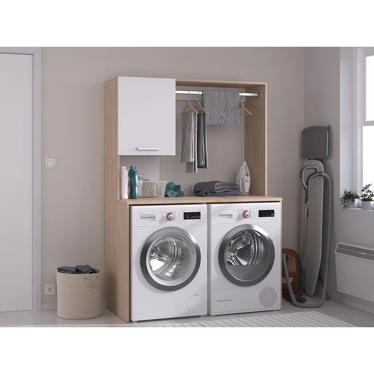 Vente-unique - Schrank für 2 Waschmaschinen mit Kleiderstange und Schrank – L129 x H184 cm – ARNEKO – Bild 2