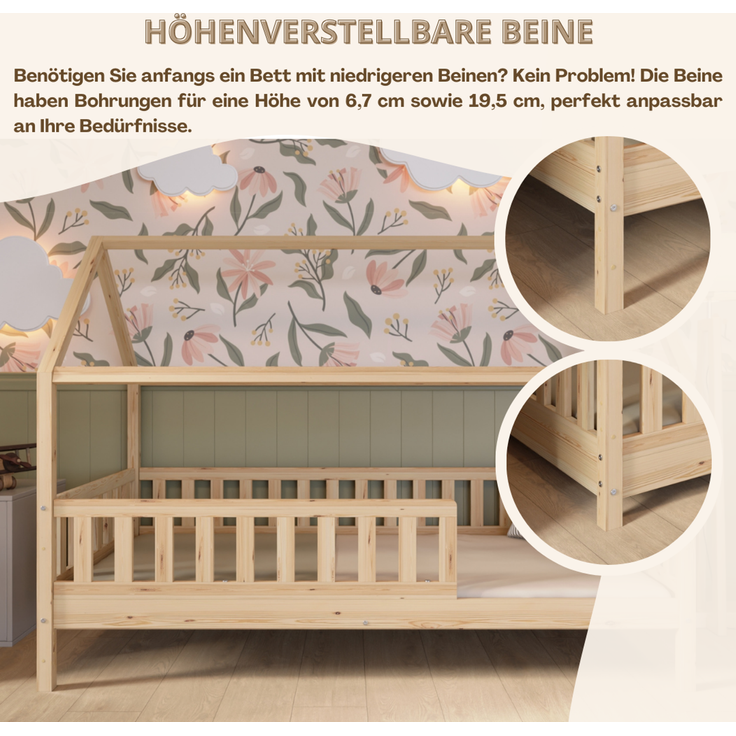 Crazy Pine 'Crazy Blanco' Hausbett mit Rausfallschutz, Skandinavisches Design, Naturholz, Natur, 90x190 cm, mit Höhenverstellbaren Beinen – Bild 6
