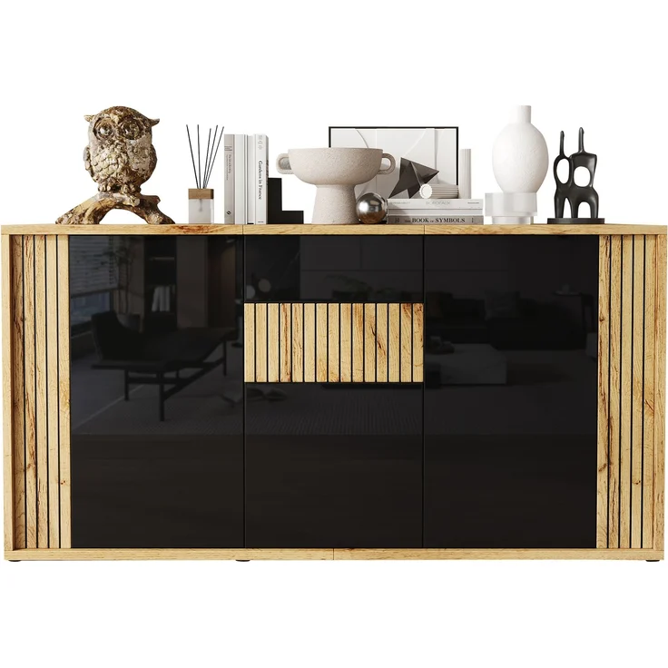 ZUBALIYA Sideboard 140x35x71 cm, mit 3 Türen, aus MDF / Spanplatte, Schwarz / Natur – Bild 17