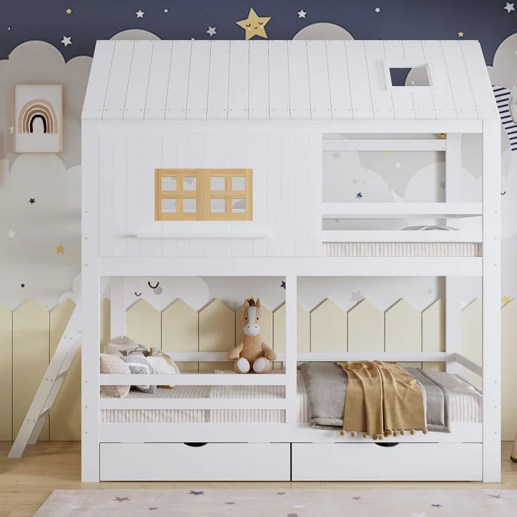 Merax Etagenbett, 90x200cm Kinderbett, Mit Schöne Fenster und Dach, Stabiler Lattenrost und Leiter, Mit zwei großen Schubladen, Weiß+Natur – Bild 3