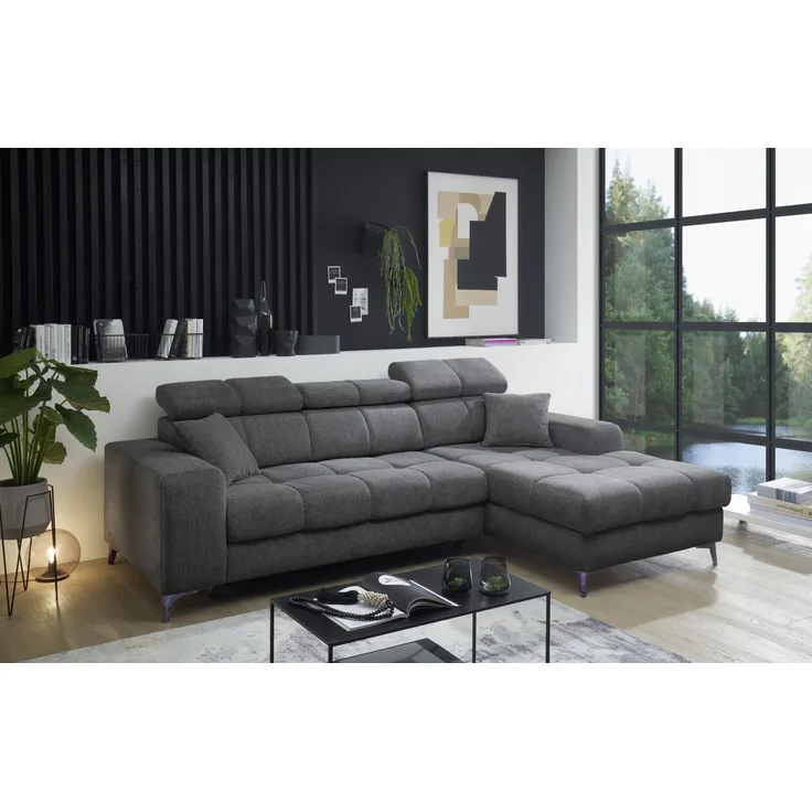 Ecksofa >SYDNEY< Elektrische Sitztiefenverstellung, 3 verstellbare Kopfstützen, Bettkasten, in anthrazit - 268x105x172 (BxHxT)