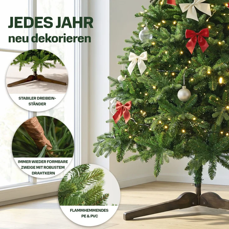 Aurelia Home Künstlicher Weihnachtsbaum 200 cm – PE/PVC in Nordmann-Optik, mit Holzständer und Tasche – Bild 4
