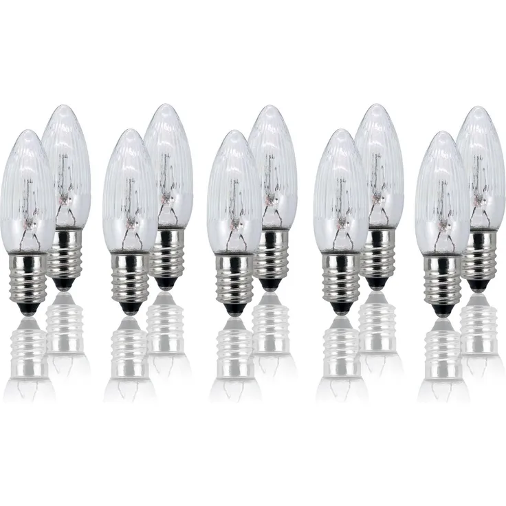 hellum Ersatz-Kerzen für Schwibbogen, 10 Stück 12V 2,5W Riffelkerze für Weihnachtsbaum Kerzen Lichterketten außen & innen mit 20 Brennstellen, Birnen für Lichterbogen E10/ 12V/ 2,5W/ 19 Lumen 950038