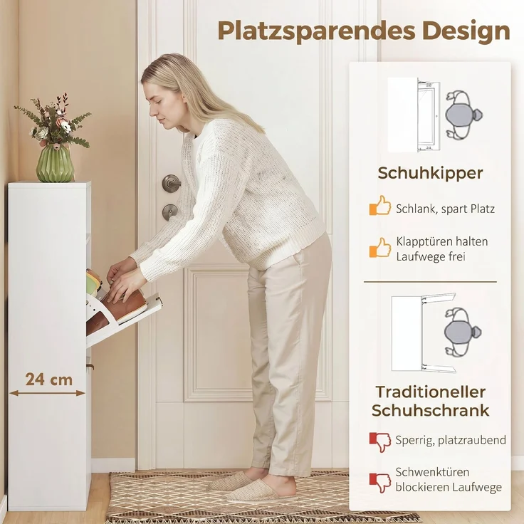 Schmaler Schuhschrank mit 2 Klappfächern und Ablagefläche für Flur und Eingangsbereich, Weiß--Weiß--102.5x24x80cm--YOUDENOVA – Bild 6