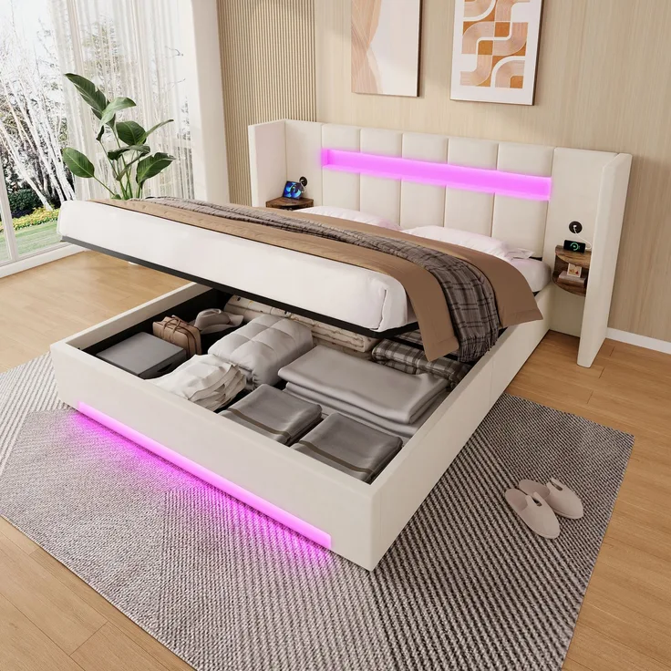 LVHOM Polsterbett 160x200 mit Seitenschränke, Bettgestell mit USB & LED und Stauraum sowie Hydraulik, Doppelbett aus Samt, Funktionbett, Beige