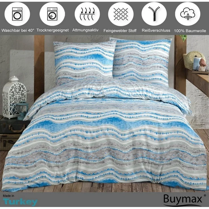 Buymax Bettwäsche Mella, Renforce: 100% Baumwolle, 2 teilig, 155x220 cm Bettbezug Set, mit Reißverschluss, Streifen, Blau Weiß Grau – Bild 2