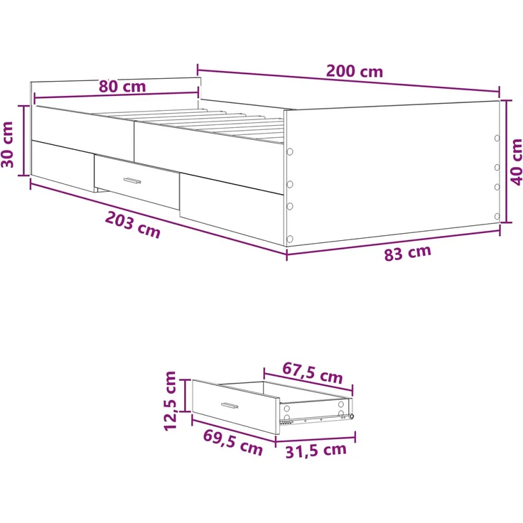 vidaXL Bettgestell mit Stauraum Schwarze Eiche 80 x 200 cm 3429507 – Bild 10