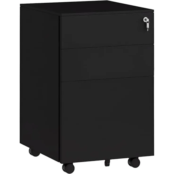 Vinsetto Rollcontainer Aktenschrank mit 3 Schubladen, Bürocontainer abschließbar, (Büroschrank, 1 St, Standcontainer), für A4-Format, Stahl, Schwarz, 37 x 43,5 x 60 cm