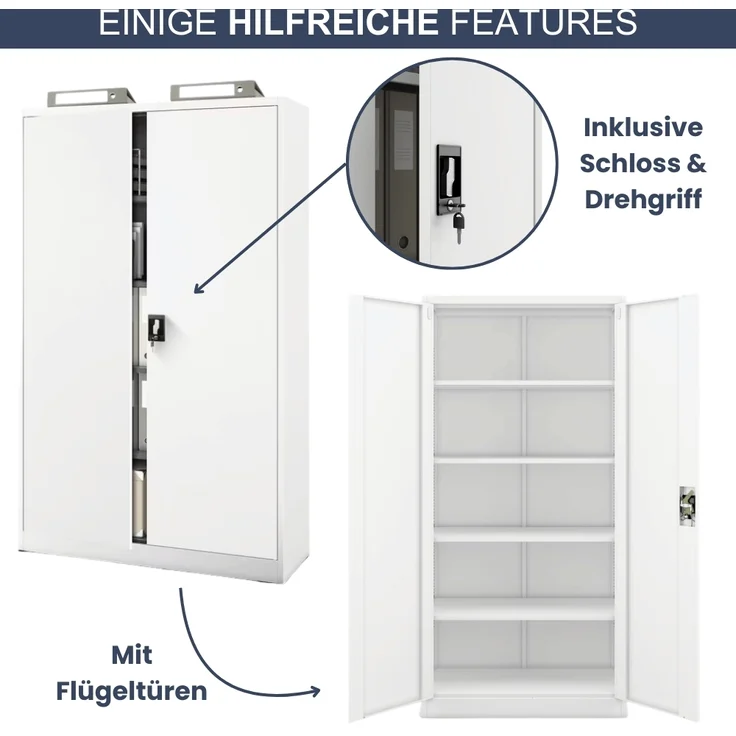 Aktenschrank abschließbar KADO - 5 Ebenen verstellbar, Flügeltüren | Metallschrank Werkstatt Mehrzweckschrank Büroschrank aus Stahl Werkzeugschrank, 185x115x40cm Weiß – Bild 5