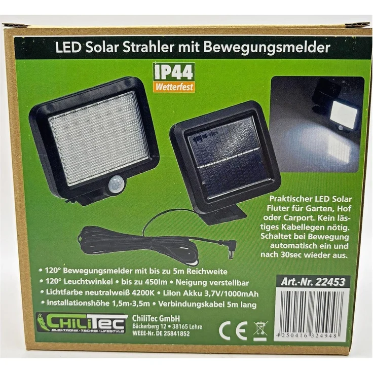 LED Solar Wandleuchte m. Bewegungsmelder 300lm, 6000K, Akku, externe Solarzelle – Bild 7