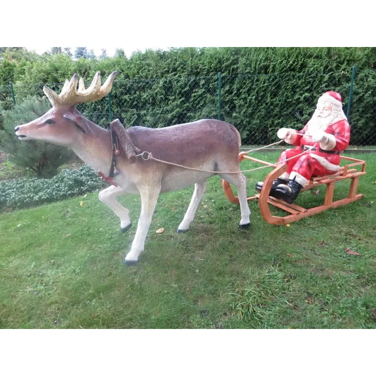 XXXL Rentier+Weihnachtsmann+Schlitten Gespann 2,9m lang lebensgross Santa-Deko v2