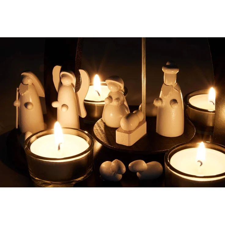 BRUBAKER Weihnachtspyramide Teelicht Holzpyramide Maria, Josef und Jesus, Weihnachtsdeko, Schwarz-weiße Teelichtpyramide mit 4 Teelichthaltern aus Glas – Bild 6