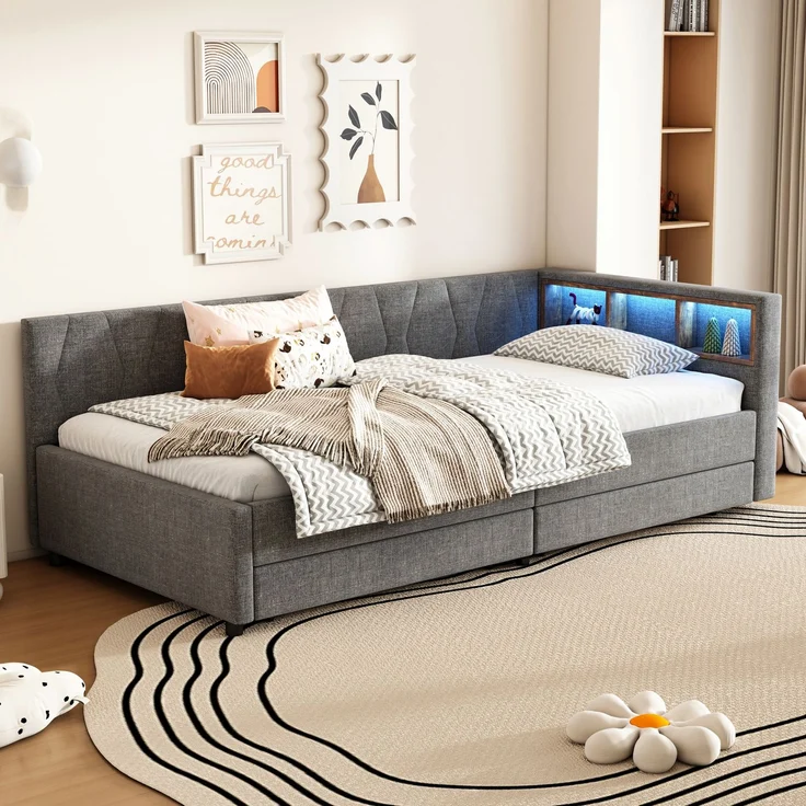 Wohnora-Daybett, 90*200cm, Tagesbett, Schlafsofa, Ablagefach am Bett, USB+Typ C, , Bett mit zwei Schubladen, Bett mit Lattenrost (ohne Matratze), Leinen, Grau,Grau – Bild 1