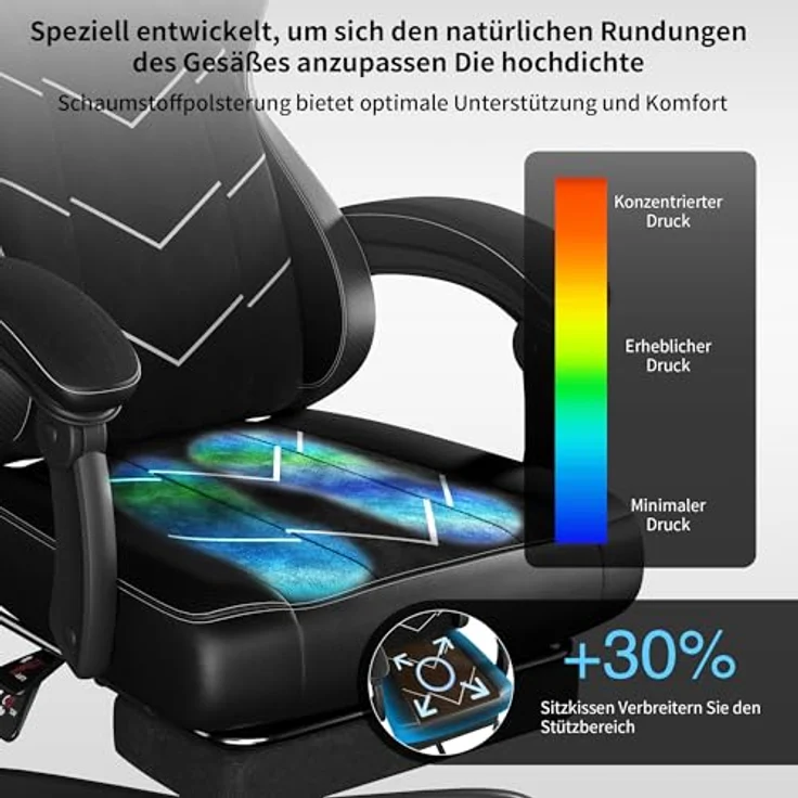 JUMMICO Gaming Stuhl Stoff Ergonomisch für Langzeitkomfort, Bürostuhl mit Fußstütze & Dynamischer Lordosenstütze, Atmungsaktiver Schreibtischstuhl für Gaming & Homeoffice, 150kg, Schwarz – Bild 6