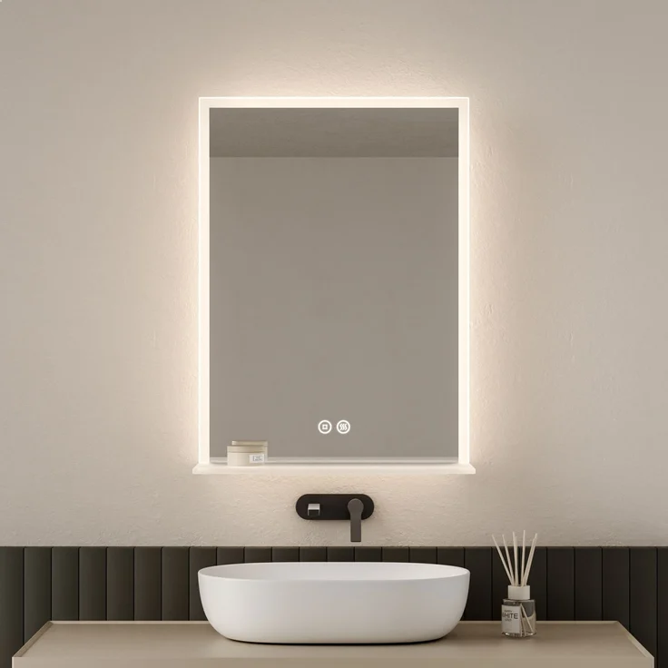 EMKE Badspiegel mit Ablage, Spiegel mit Beleuchtung Beschlagfrei Lichtspiegel Wandspiegel 50x70 cm mit Touch, Kaltweiß – Bild 1