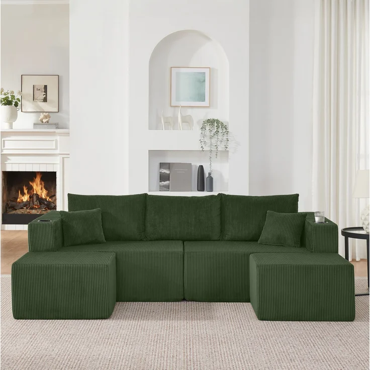 Modulares 3-Sitzer Ecksofa mit 2 Ottomanen, Cordbezug, H 75 x T 138 x B 230 cm, Grün – Bild 2