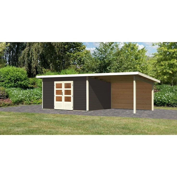 Gartenhaus Northeim 4 - 369x309 cm plus Anbaudach 3,30m mit Rückwand, 38 mm Holz terragrau, Karibu – Bild 1