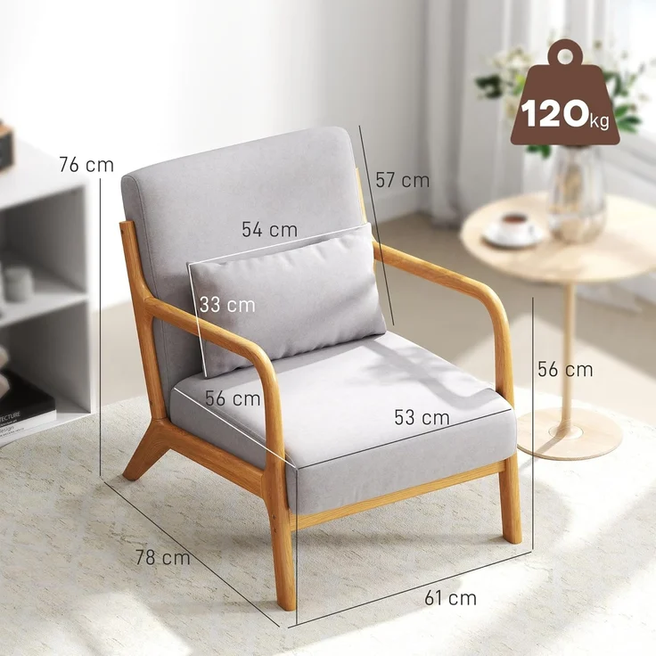 HOMCOM Relaxsessel mit Armlehne, Lendenkissen (Polstersessel, 1-St, Loungesessel), für Schlafzimmer, Wohnzimmer, Grau – Bild 3
