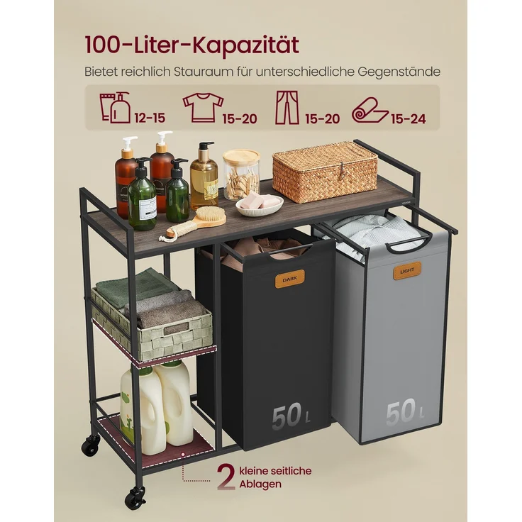 VASAGLE Wäschekorb 2 Fächer, Wäschesammler 100 L, Wäschesortierer, Rollen, Wäschewagen mit Ablagen, Wäschesack, mit abnehmbaren Taschen, 6 Etiketten, kastanienbraun-tintenschwarz-taubengrau – Bild 3