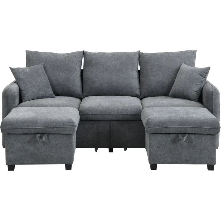 DESVIAE Sofa mit Schlaffunktion, Stauraum und 2 Hockern, Chenille, Dunkelgrau, 188 x 186 x 86 cm – Bild 8